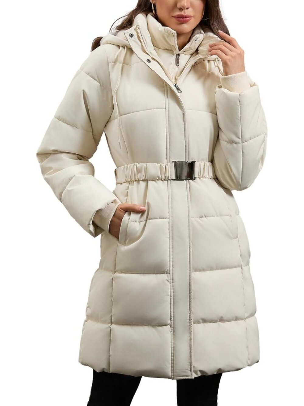 Cozy Hooded Long Winter Puffer Coat with Fleece Lining & Belted Waist